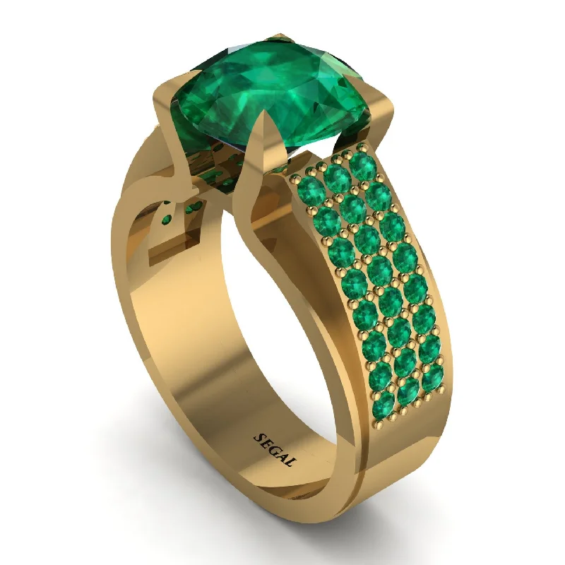 Elegant Gold Cocktail Rings For Evening Wear-Round Cut Emerald 14K Gold Pave Engagement Ring - Saylor No. 19