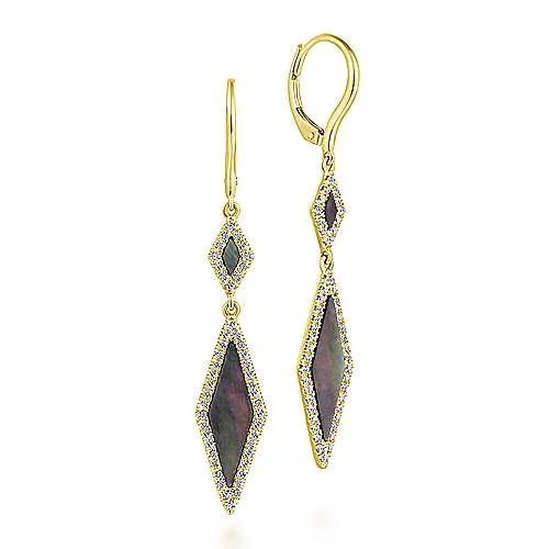 Multicolor Gemstone Earrings For Vibrant Looks-14K Yellow Gold Diamond + Black Mother of Pearl Drop Earrings