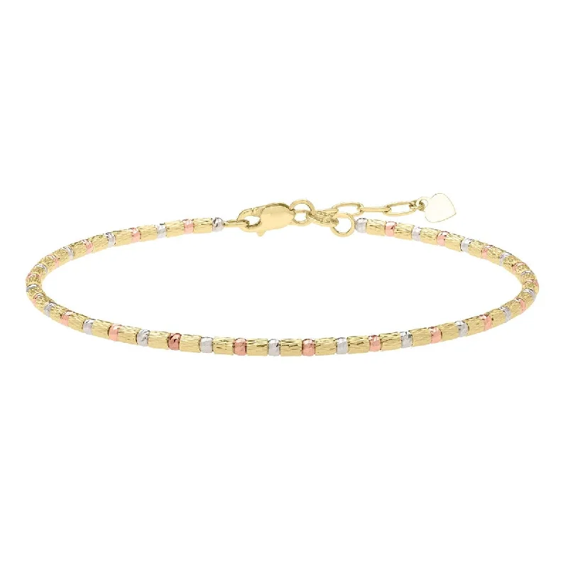 Bangles In Minimalist Style-TRI-TONE GOLD DIAMOND CUT BEADED BANGLE BRACELET