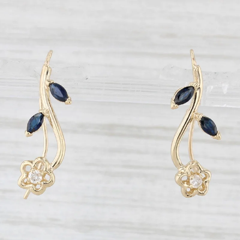 Custom Pearl Earrings For Wedding Gifts-0.55ctw Blue Sapphire Diamond Flower Drop Earrings 14k Yellow Gold Hook Posts