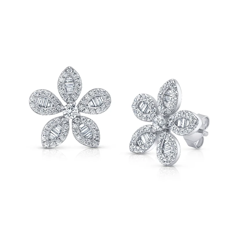 Large Statement Earrings For Fashion Lovers-BAGUETTE FLOWER EARRINGS, SILVER