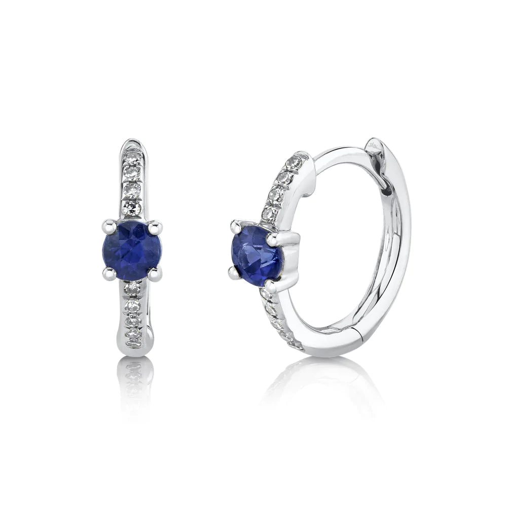 Sterling Silver Stud Earrings For Gifts-14K White Gold Diamond and Sapphire Huggie Earrings