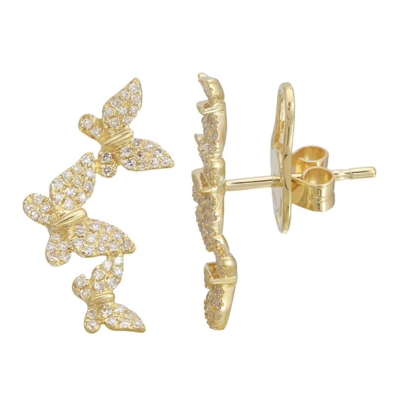 Unique Beaded Earrings For Playful Fashion-14K Yellow Gold Triple Butterfly Diamond Earrings