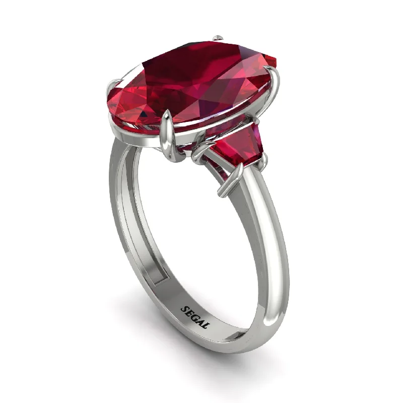 Bold Silver Rings For Fashion Lovers-Oval-Cut Ruby Three Stone Engagement Ring - Amari No. 57