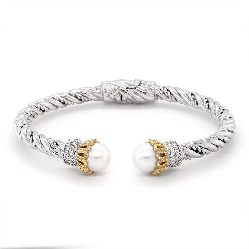 Bangles With Vintage Designs-VINTAGE STYLE SILVER AND GOLD HINGED BANGLE WITH PEARLS AND DIAMONDS, .64 CT TW