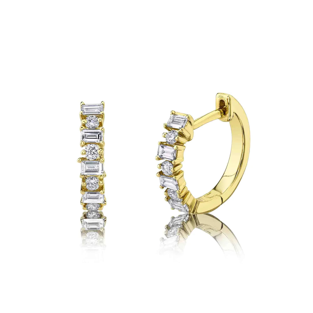 Luxury Gold Earrings For Weddings-14K Yellow Gold Diamond Baguette Huggie Earrings