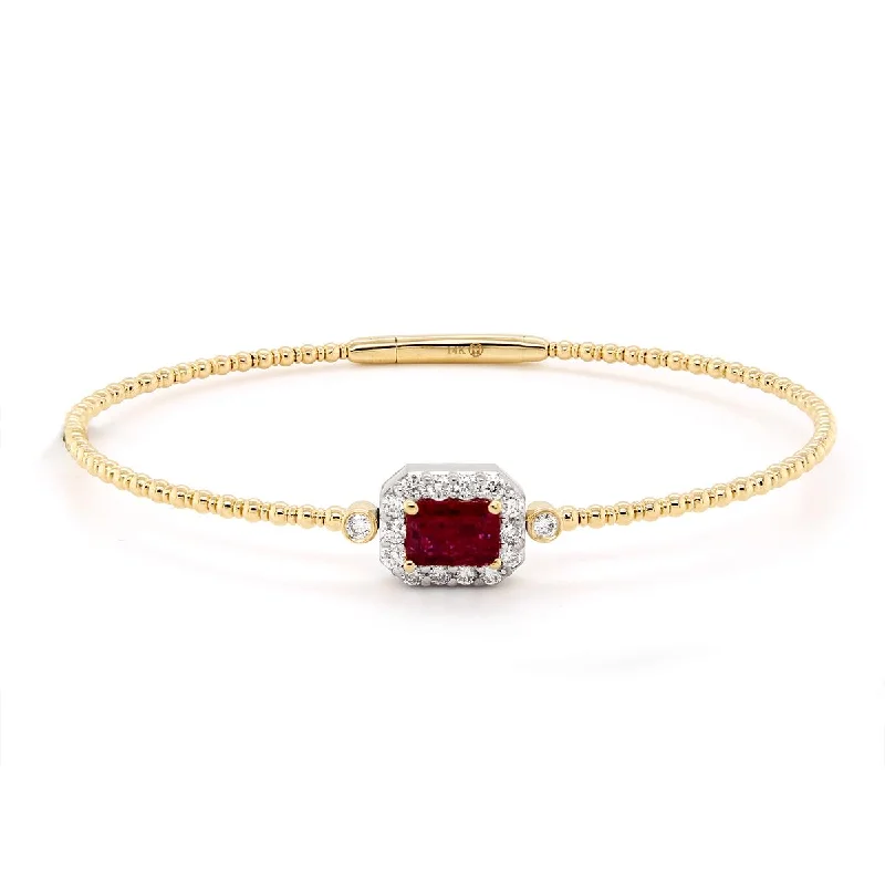 Bangles For Christmas Gifts-YELLOW GOLD BANGLE BRACELET WITH RUBY AND DIAMOND HALO, .42 CT TW