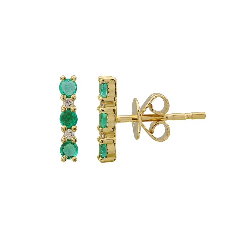 Hoop Earrings For Fashion Enthusiasts-14k Yellow Gold Diamond and Emerald Bar Earrings