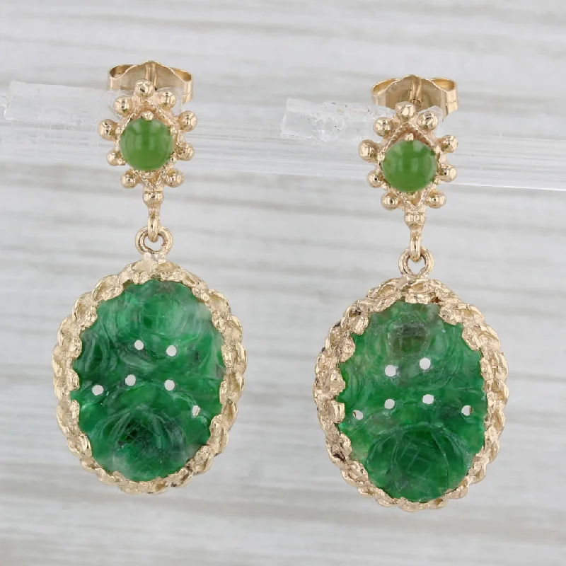 Elegant Drop Earrings For Weddings-Carved Scarab Green Jadeite Nephrite Jade Dangle Earrings 14k Yellow Gold