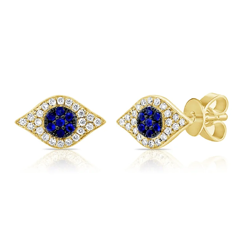 Geometric Earrings For Contemporary Style-14K Yellow Gold Diamond + Blue Sapphire Evil Eye Earrings