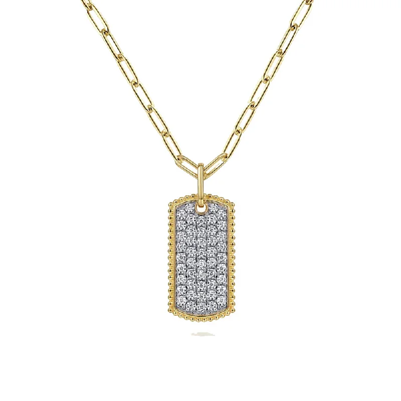 Colorful Bead Necklaces For Playful Style-Gabriel 14K Yellow Gold Diamond Pave Dog Tag Pendant Hollow Chain Necklace