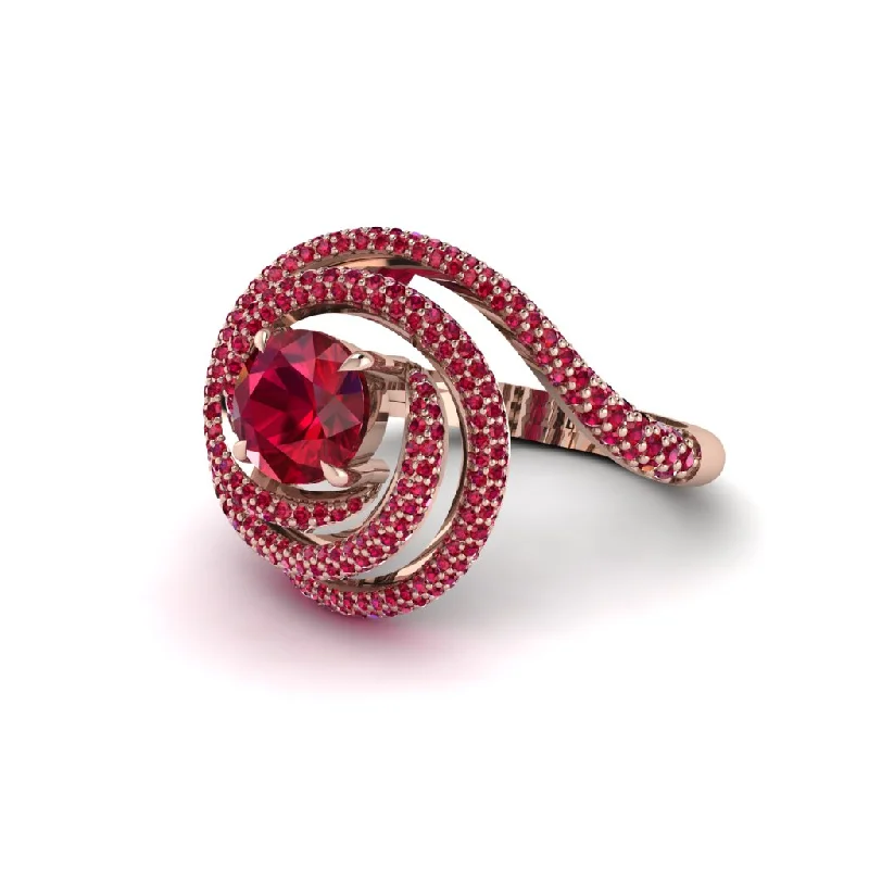 Elegant Gold Wedding Rings For Brides-Ruby Double Halo Swirling Engagement Ring - Serena No. 56