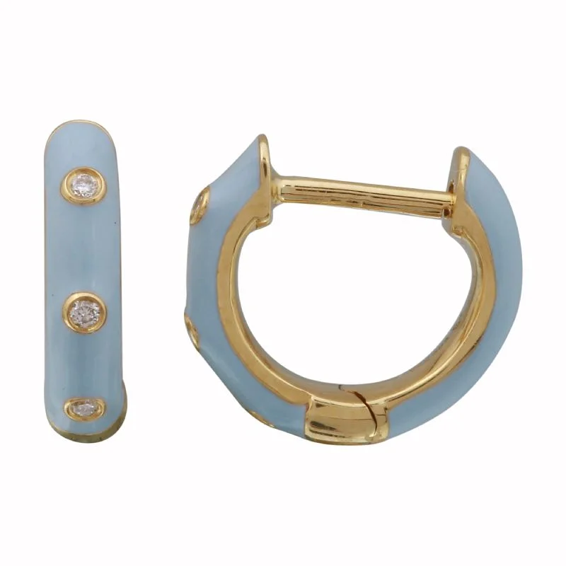 Classic Crystal Earrings For Wedding Style-14k Yellow Gold Cerulean Enamel & Diamond Huggie Earrings