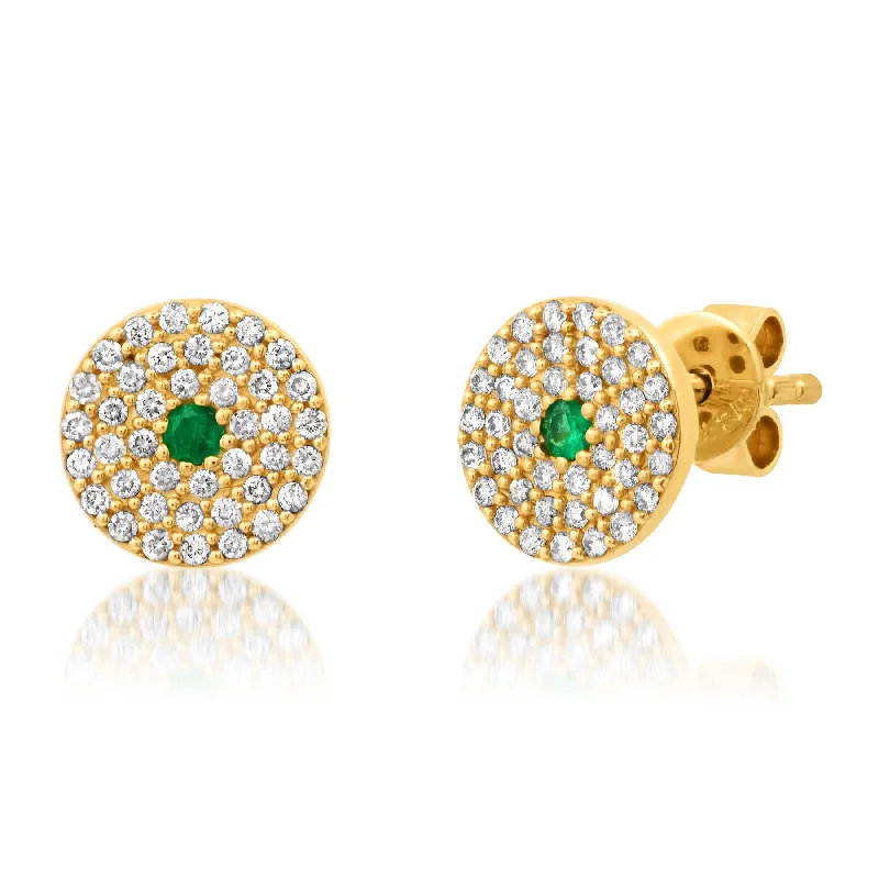 Elegant Crystal Earrings For Special Occasions-DIAMOND DISC EMERALD CENTER STUDS, 14kt GOLD