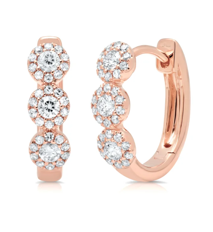 Vintage Inspired Earrings For Retro Lovers-14K Rose Gold Diamond Triple Halo Huggie Earrings