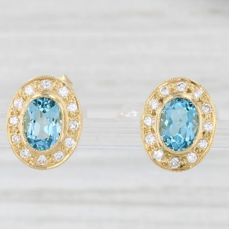 Large Crystal Drop Earrings For Fashionistas-2.10ctw Oval Blue Topaz Diamond Halo Stud Earrings 18k Yellow Gold