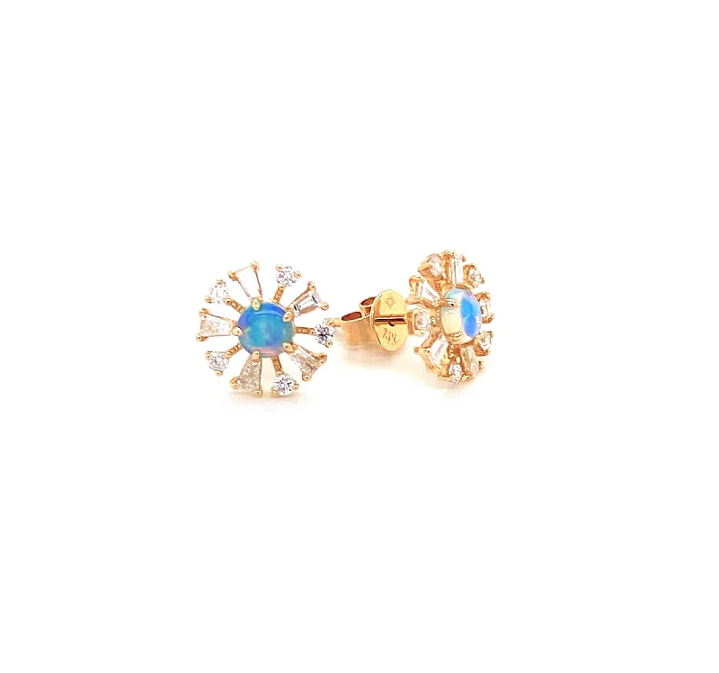 Luxury Diamond Earrings For Elegant Nights-14K Yellow Gold Diamond +Opal Starburst Earrings