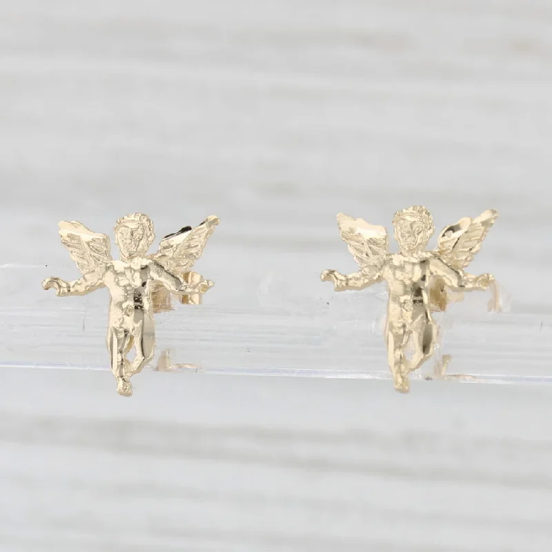 Bold Earrings For Fashion Lovers-Cherub Guardian Angel Stud Earrings 14k Yellow Gold