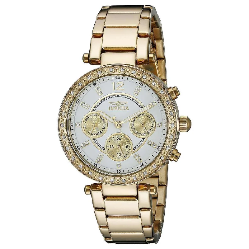 Watches For Boho Vibes-Invicta 21387 Women's Yellow Steel Bracelet Quartz Angel Crystal White Dial Day-Date Watch