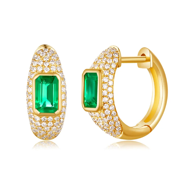 Fashion Crystal Earrings For Glamorous Looks-14K Yellow Gold Diamond + Emerald Huggie Earrings