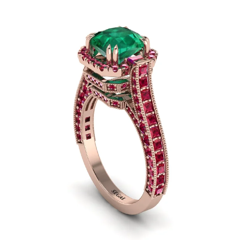 Luxury Diamond Engagement Rings For Brides-Emerald Three Halo Milgrain Engagement Ring - Mira No. 50