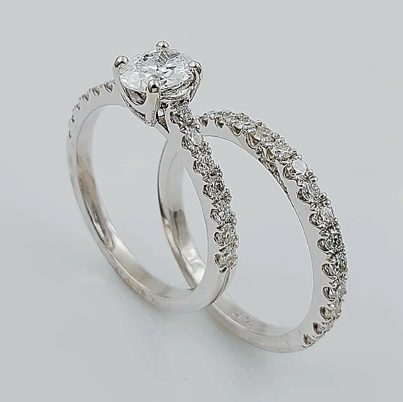 Unique Silver Engagement Rings For Brides-Women's 14K White Gold with Oval 0.65 CT Center (SI Color H) Diamond 4.6 GR Total Weight Bridal Ring Set. (Size: 6.25)