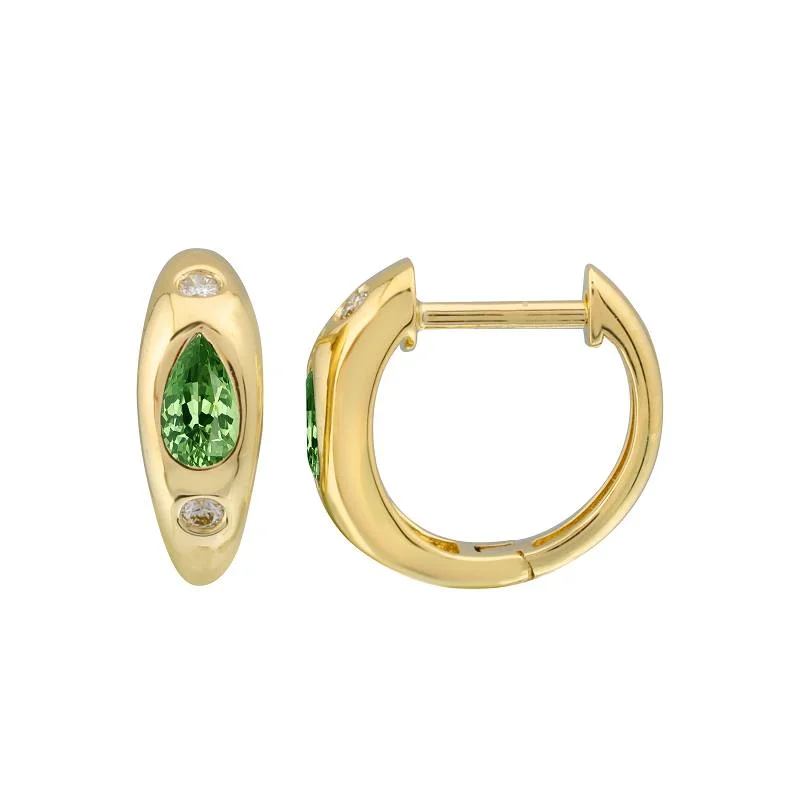 Stylish Chain Earrings For Casual Wear-14K Yellow Gold Diamond + Emerald Huggie Earrings