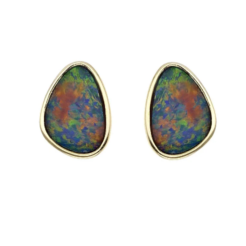 Stylish Hoop Earrings For Casual Looks-14K Yellow Gold Triangular Opal Stud Earrings