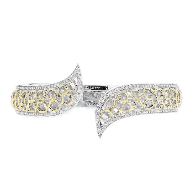 Bangles For Daily Wear-VINTAGE STYLE SILVER BANGLE BRACELET WITH GOLD ACCENTS AND DIAMONDS, .52 CT TW