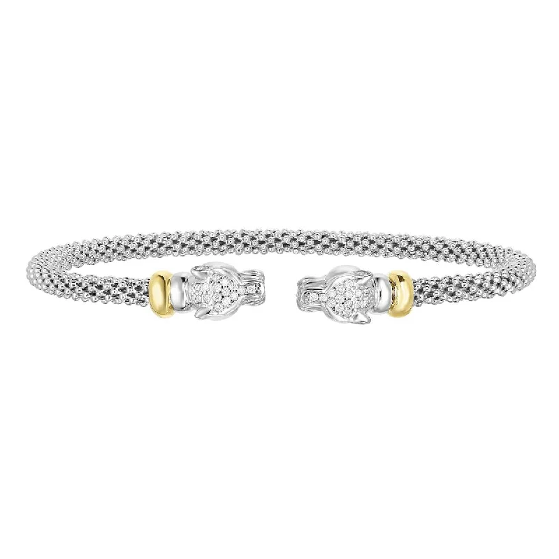 Bangles For Festive Seasons-STERLING SILVER AND GOLD BANGLE BRACELET WITH PANTHERS AND DIAMONDS, .15 CT TW