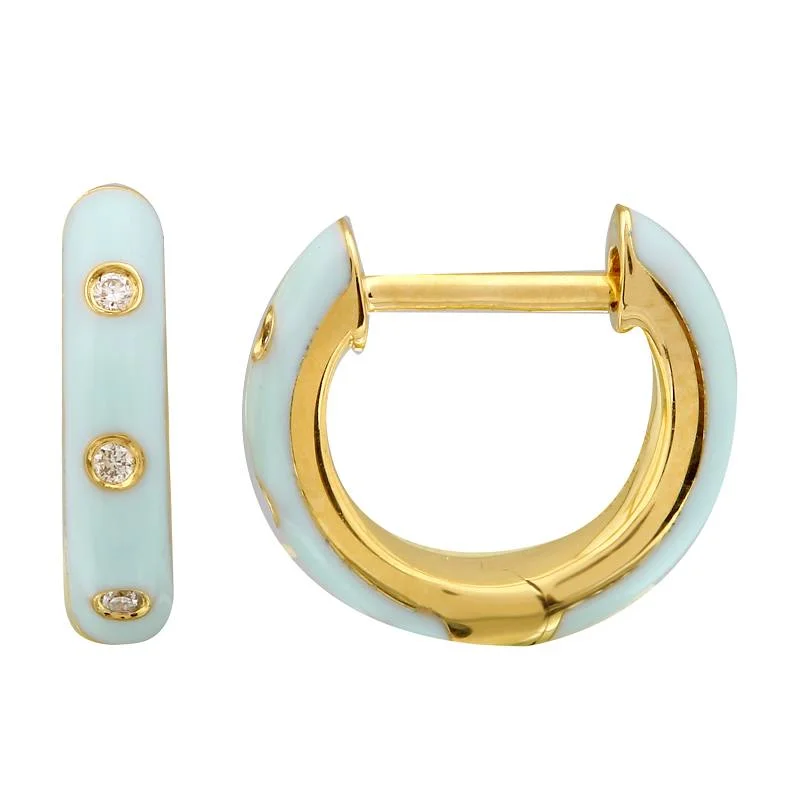 Classic Gold Earrings For Everyday Wear-14K Yellow Gold Mint Enamel & Diamond Huggie Earrings