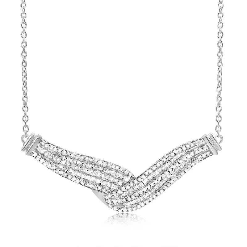 Bold Multi-Chain Necklaces For Fashion Statements-Sterling Silver 0.95Carat Diamond 45cm Necklace With Round and Baguette Cut Diamonds