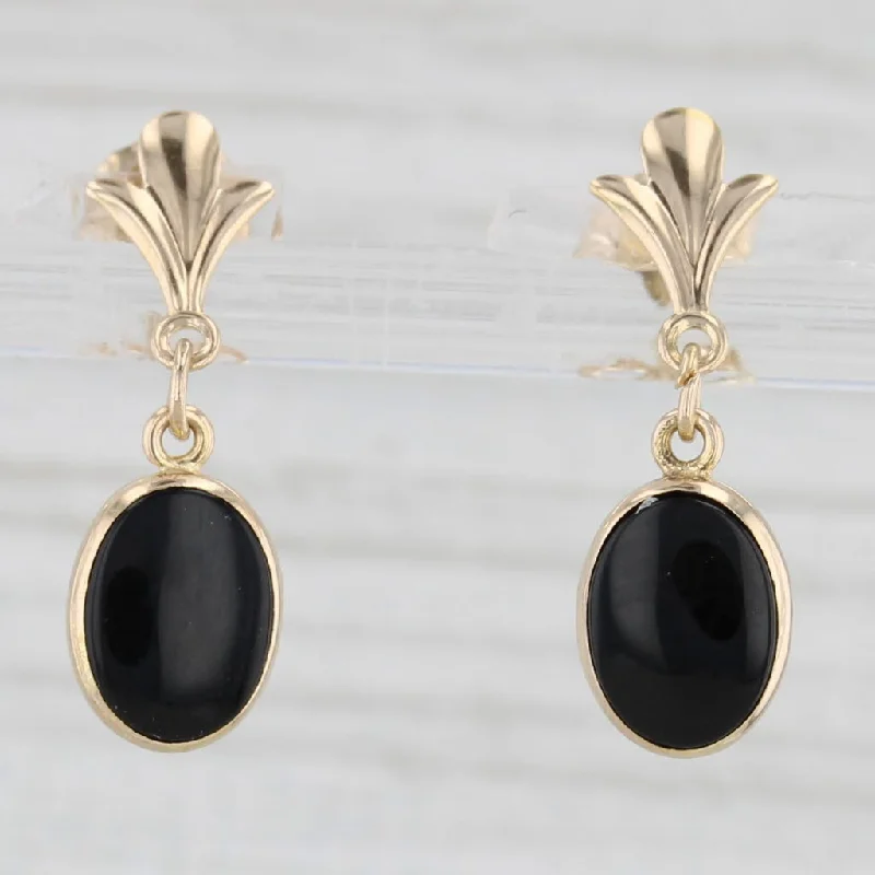 Stunning Gemstone Earrings For Special Days-Black Onyx Oval Fleur de Lis 14k Yellow Gold Earrings