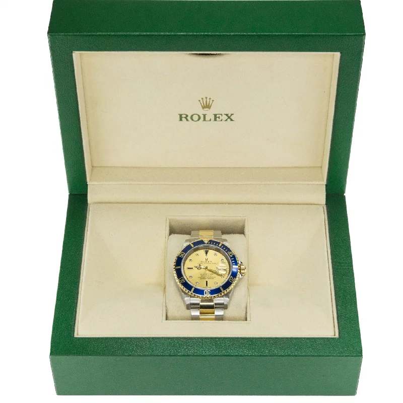 Watches With Nature Inspired Designs-2004 Rolex Submariner Date Diamond Sapphire Serti Men's Watch 16613 in Stainless Steal and 18K Yellow Gold