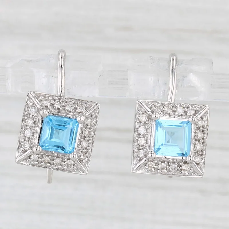 Sparkling Crystal Earrings For New Year-1.80ctw Blue Topaz Diamond Halo Drop Earrings 14k White Gold Hook Posts