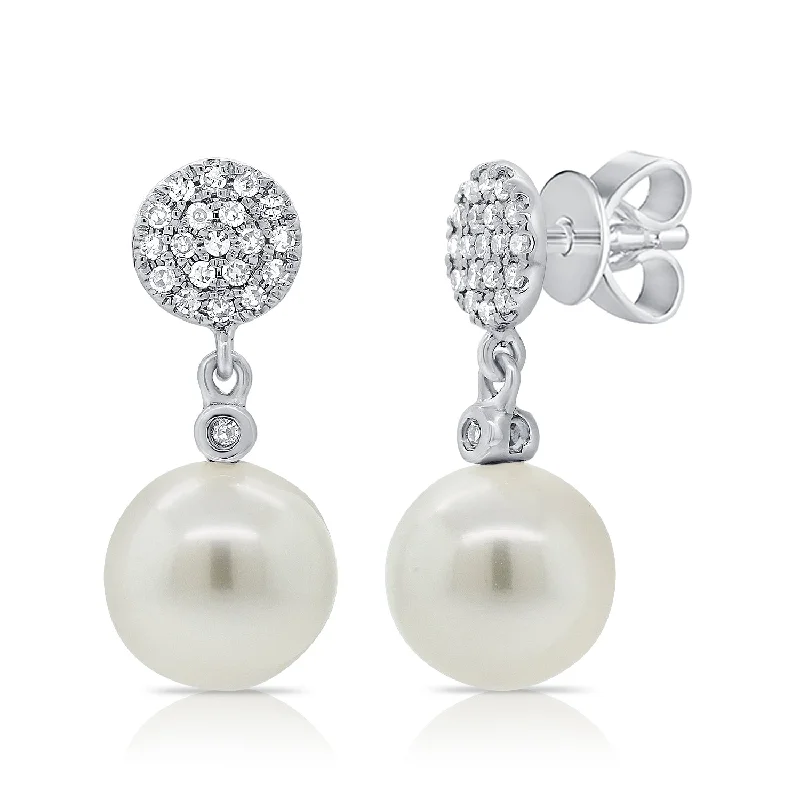 Beautiful Drop Earrings For Parties-14K White Gold Diamond Disc + Pearl Earrings