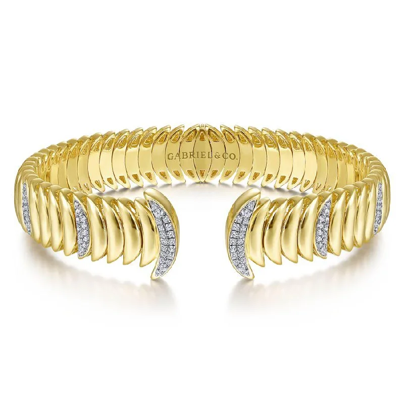 Bracelets For Multiple Layers-Gabriel & Co. - BG4208-65Y45JJ - 14K Yellow Gold Crescent Moon Open Cuff Bracelet with Diamond Pavâ€š Stations