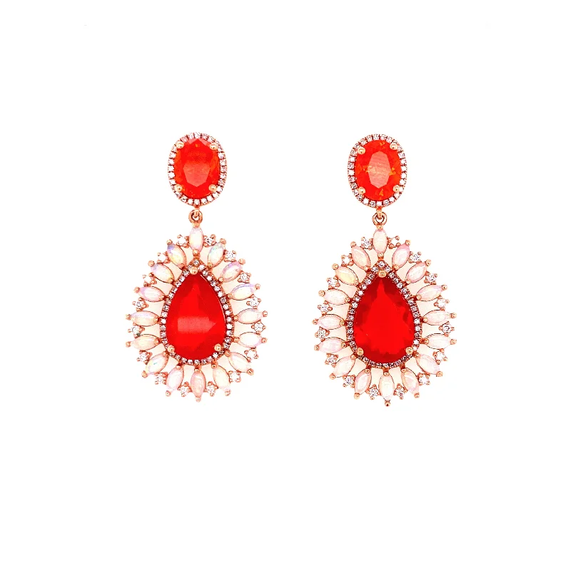 Trendy Resin Earrings For Bold Look-14K Rose Gold Diamond + Fire Opal Earrings