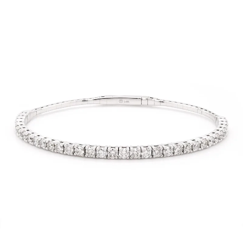 Bangles With Flower Shapes-WHITE GOLD BANGLE BRACELET WITH ROUND CUT DIAMONDS, 1.50 CT TW