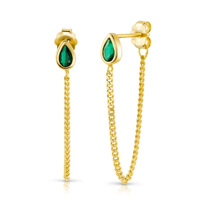 Trendy Resin Hoop Earrings For Bold Fashion-GREEN TEARDROP CHAIN EARRINGS, GOLD