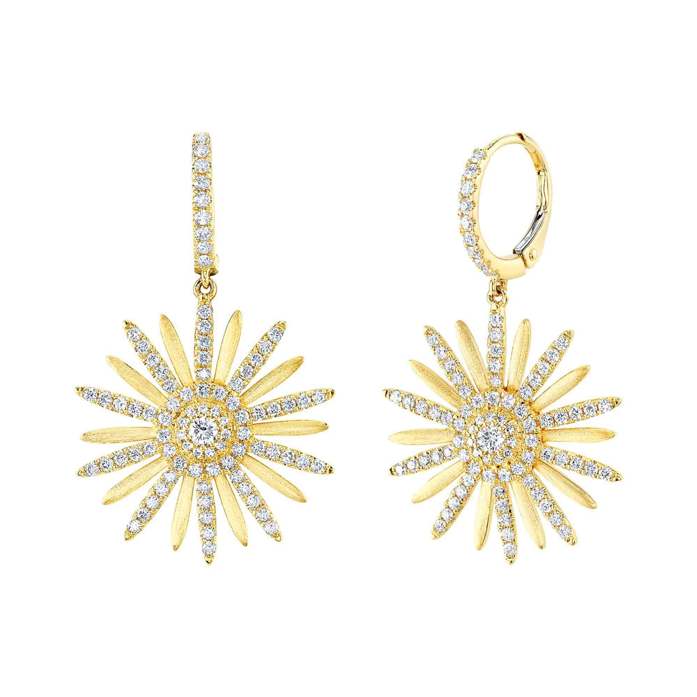 Stunning Drop Earrings For Evening Party-14K Yellow Gold Diamond Flower Earrings