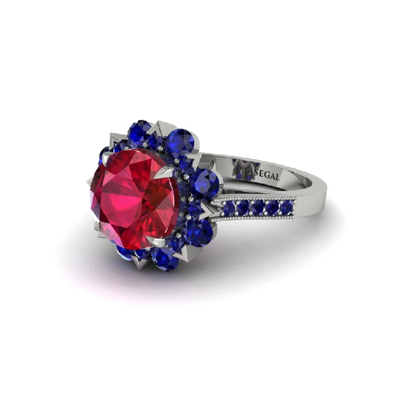 Minimalist Silver Rings For Daily Wear-Ruby Halo Sunburst Engagement Ring - Winter No. 72