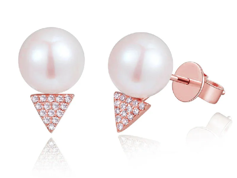 Stunning Gemstone Earrings For Special Days-14K Rose Gold Diamond + Pearl Earrings