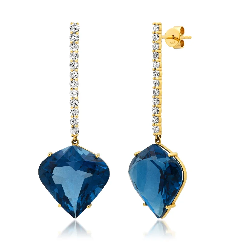 Gold Earrings For Women Of All Ages-LONDON BLUE TOPAZ DROP EARRINGS DIAMONDS 14kt GOLD