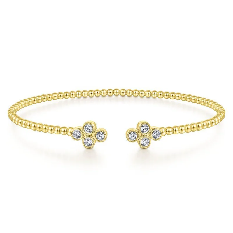 Bracelets With Silver Plating-Gabriel & Co. - BG4124-62Y45JJ - 14K Yellow Gold Bujukan Bead Split Cuff Bracelet with Quatrefoil Diamond Endcaps