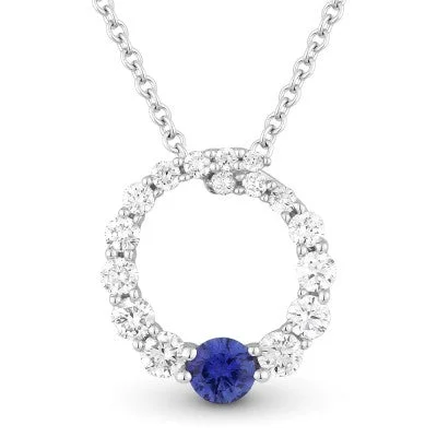 Custom Zodiac Necklaces For Unique Gifts-14K White Gold Round Circle of Life Diamond & Sapphire Pendant Necklace