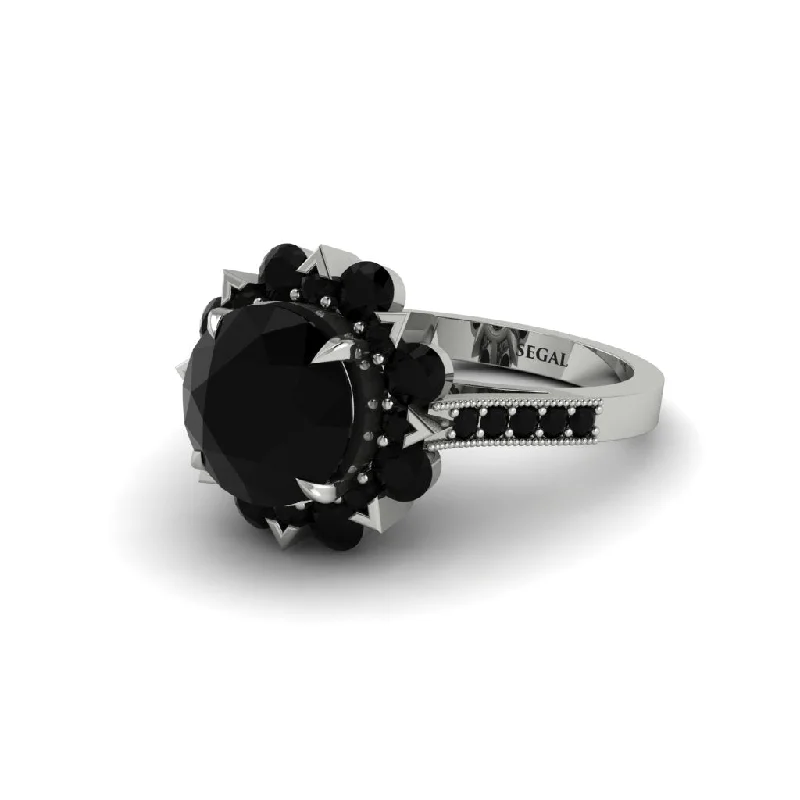 Gemstone Cocktail Rings For Bold Fashion-Black Diamond Halo Sunburst Engagement Ring - Winter No. 39