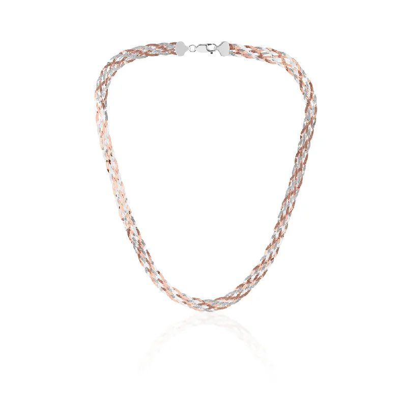 Classic Silver Chain Necklaces For Elegant Wear-Sterling Silver and Rose Gold Plated 45cm Multi Strand Plait Necklace