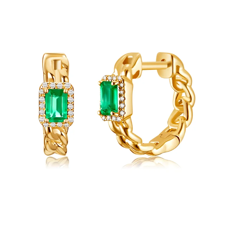 Classic Hoop Earrings For Timeless Look-14K Yellow Gold Diamond + Emerald Link Huggie Earrings