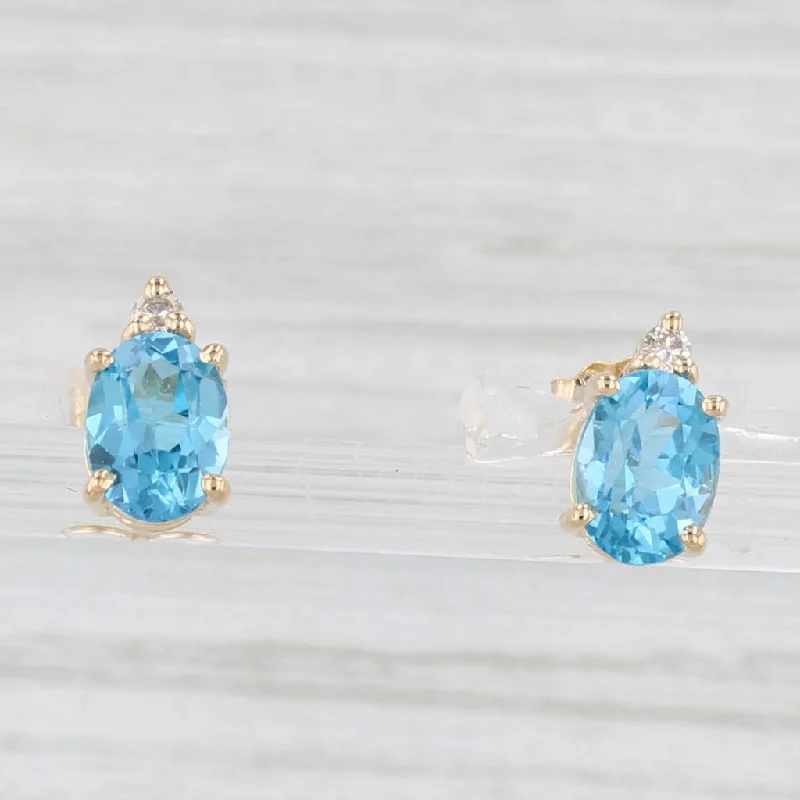 Chic Modern Earrings For Young Women-1.74ctw Blue Topaz Diamond Stud Earrings 14k Yellow Gold